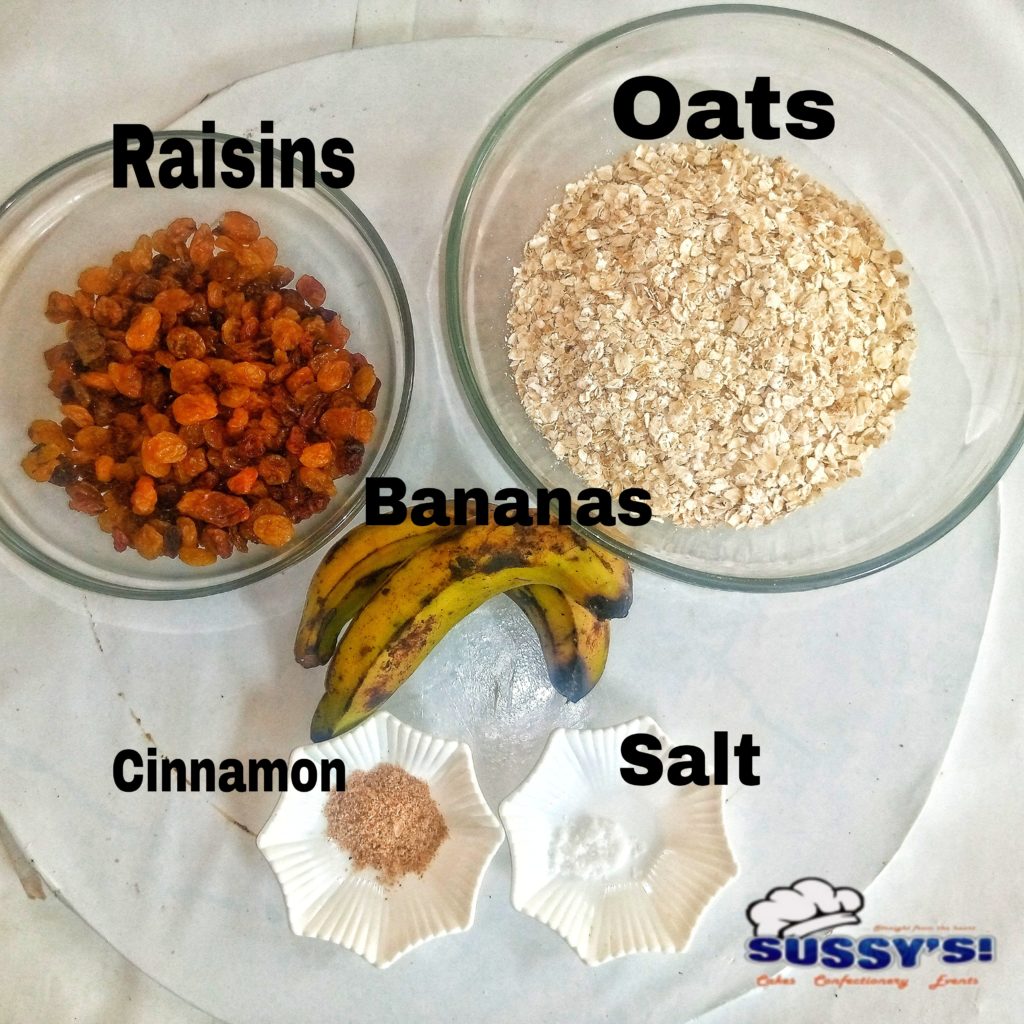 Ingredients for making Gluten-free Banana Oatmeal Raisins Cookies